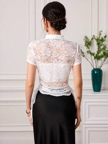 EastFlair Áo kiểu Trung Quốc mới, cổ cài khuy ren, tay ngắn - trắng - Xem 4