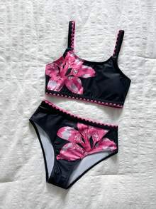 SHEIN Tween Girls' Colorblock Floral Print Shell Trim Swimwear Set, Summer Beach Vacation - Black - View 6