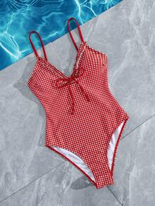 Swim Mod Áo tắm một mảnh nữ kiểu dáng retro họa tiết kẻ caro nâu, cổ chữ V phối bèo nhún, dây mảnh, lưng hở, buộc dây phía trước, lý tưởng cho thể thao & bãi biển, kỳ nghỉ xuân & hè. Đồ bơi 2026. Áo tắm kiểu Pháp. Áo tắm mùa hè kiểu Châu Âu. Trang phục mùa hè. - Nhiều màu - Xem 3