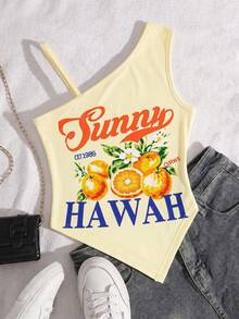 SHEIN Áo hai dây kiểu dáng thường ngày, cá tính dành cho bé gái tuổi teen, chất liệu vải gân nổi, dây đeo và vạt áo bất đối xứng, thích hợp cho du lịch, nghỉ mát, đi dạo, phối cùng quần dài, quần short, chân váy và áo khoác. - Màu vàng - Xem 4