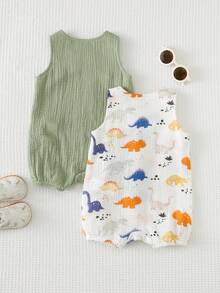 Cozy Pixies 2pcs Newborn Baby Boy Summer Cute Crepe Cartoon Dinosaur & Solid Color Romper Set - Green - View 2
