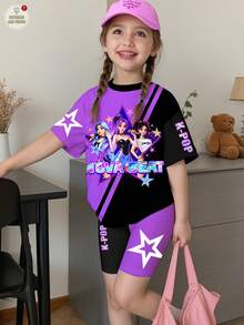 2pcs/Set Young Girl Casual Cartoon Girl Portrait,Purple & Black Patchwork,K-Pop Superstars Group Print,Short Sleeve T-Shirt And Shorts Set,Summer - Multicolor - View 2