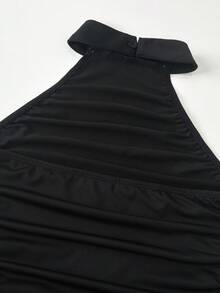 Teen Girl Fashionable Pleated Halter Neck Dress, Suitable For Travel And Vacation - Black - View 6
