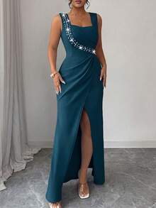 Elenzga Vestido Sereia Plus Size Sem Mangas com Decote Quadrado, Decoração de Pérolas, Ajustado com Fenda na Bainha, Azul-Turquesa Claro, Inverno, Elegante, Vestido de Festa e Coquetel para Convidadas de Casamento - Azul - Visão 4