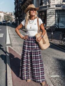 SHEIN LilyWest Chân váy nữ kiểu phương Tây, họa tiết kẻ caro, viền bèo nhún, cạp cao, chất liệu cotton, phong cách boho, dáng maxi. - Nhiều màu - Xem 3