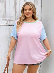 SHEIN CURVE+ Áo thun nữ cỡ lớn CURVE PLUS /Ngày Valentine/Áo thun nữ kẻ sọc lấp lánh và in họa tiết, họa tiết toàn thân, phù hợp cho mùa hè, Ngày Valentine, hoa hồng, trái tim, chấm bi, tình yêu, môi, thần Cupid, hoa 3D. - Nhiều màu - Xem 7