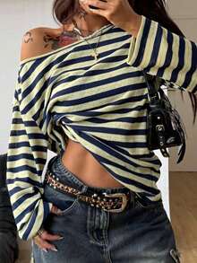 DAZY Women's Loose Fit Asymmetrical Shoulder Striped T-Shirt - Yellow - View 4