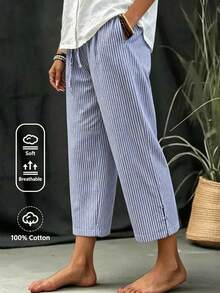 Balvessa Quần harem cạp chun màu xám trắng kẻ sọc dọc, có túi, hiệu EMERY ROSE, kiểu dáng cổ điển, phù hợp cho sinh hoạt hàng ngày, ở nhà và ngoài trời. - Màu xanh hải quân - Xem 1