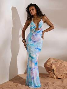 Opulessa Spring & Summer Vacation Knitted Mesh Printed Halter Backless Mermaid Dress For Women - Baby Blue - View 4