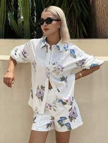 Livesso Conjunto de 2 piezas de top sin mangas con cuello blanco de algodón y estampado, y shorts casuales, adecuado para fiestas, playa, vacaciones, atuendos de verano para mujeres - Blanco - Ver 4
