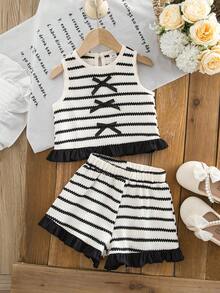 SHEIN Bộ đồ không tay kẻ sọc đen trắng có nơ dành cho bé gái - Đen và trắng - Xem 1