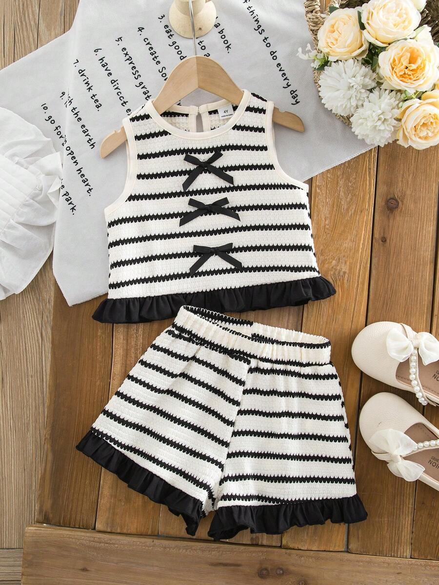 SHEIN Bộ đồ không tay kẻ sọc đen trắng có nơ dành cho bé gái - Đen và trắng - Xem 1