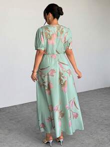 Firerie Vår- och sommargrön tie-dye tie-dye-mönster elegant maxiklänning med puffärmar, lämplig för examen, renässansmässa - Grön - Visa 3