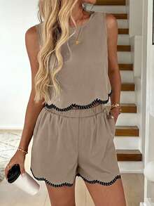 Easowa Conjunto informal de 2 piezas de mujer con top sin mangas con volantes y bordado floral en unicolor y shorts, adecuado para vacaciones de verano y uso diario - Marrón Mocha - Ver 7