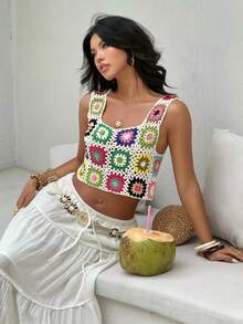 Selianne Cover Up Beach Multicolor Sleeveless Square Neck Crochet Floral Patchwork Hollow-Out Textured Women Sweater Vest Top, Spring/Summer - White - View 6