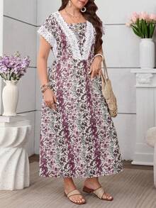 Lacomfia Summer Contrast Lace Trim Ditsy Floral Plus Size Women Dress - Multicolor - View 6