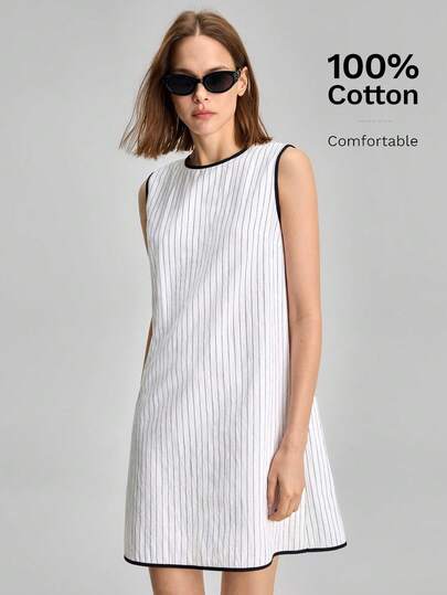 Ontre Nuevo Vestido Mini 2026SS de Mujer con Tela Tejida Suelta, Bloques de Color Negro y Blanco a Rayas, Cremallera Invisible, Silueta en A, Botón de Concha, Diseño Elegante y Urbano Chic, Adecuado para Vacaciones, Fiesta, Invitado de Boda, Oficina, Escuela, Cita Romántica