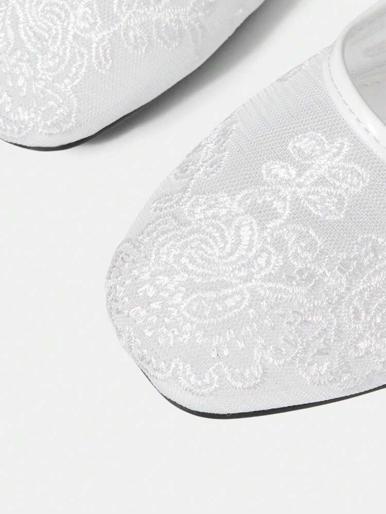 LADIES ELEGANT VERSATILE COMMUTER MESH FLORAL EMBROIDERED BUTTON FLATS FOR HOLIDAY WEAR