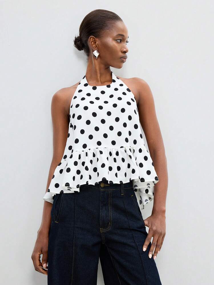 SHEIN Maija White With Black Polka Dots Women's Summmer Chic Halter Neck Backless Ruffle Hem Blouse,Elegant Brunch Party Tea Party Top,Fashionable Urban Style