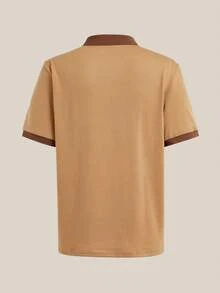 Courvante Men's Summer Khaki Colorblock Polo Shirt, Short Sleeve Knit Button Front Contrast Trim, Old Money Casual Beach Vacation Outfit Gift - Khaki - View 4