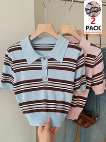 SHEIN EZwear Bộ 2 áo polo tay ngắn dệt kim kẻ sọc mới cho nữ mùa xuân/hè, thương hiệu thời trang sinh viên, họa tiết kẻ sọc nhiều màu, áo dệt kim thường ngày đa năng. - Nhiều màu - Xem 1