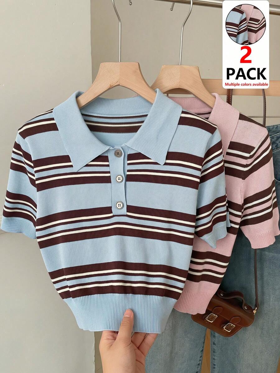 SHEIN EZwear Bộ 2 áo polo tay ngắn dệt kim kẻ sọc mới cho nữ mùa xuân/hè, thương hiệu thời trang sinh viên, họa tiết kẻ sọc nhiều màu, áo dệt kim thường ngày đa năng. - Nhiều màu - Xem 1