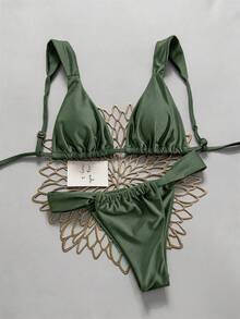 SHEIN Swim Women's Summer Beach Solid Color Ruched Sexy Bikini Set Green Bikinipush Up Bathing Suitbikini Set For Women - Army Green - View 1