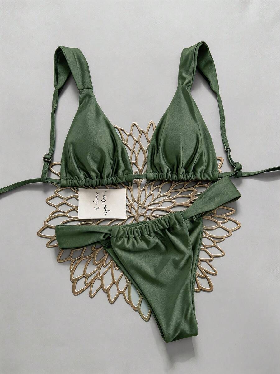 SHEIN Swim Women's Summer Beach Solid Color Ruched Sexy Bikini Set Green Bikinipush Up Bathing Suitbikini Set For Women - Army Green - View 1