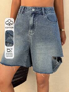 DAZY Jeans larges et amples style cowgirl western délavés, shorts en jean d'été décontracté pour femmes, Jorts Y2K - Bleu azur - Voir 1