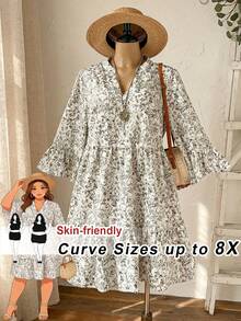 SHEIN CURVE+ 大码女式早春休闲度假乡村碎花七分袖杏色连衣裙 - 彩色 - 查看 2
