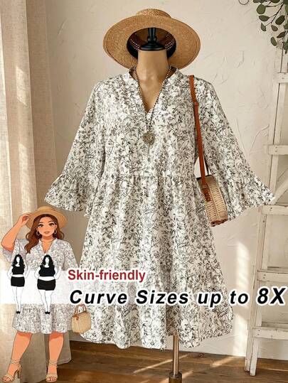 SHEIN CURVE+ Vestido casual de primavera temprana para mujer talla grande, estampado floral diminuto, manga 3/4, color albaricoque, para vacaciones en el campo