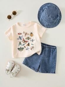 SHEIN 3pcs Baby Boy Animal Print T-Shirt, Denim Shorts And Denim Hat Set, Suitable For Summer, Travel, Back To School - Multicolor - View 3