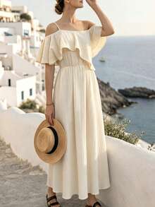 SHEIN Holidaya Vestido casual de primavera/verano para vacaciones de mujer, con un tirante, ribete de volantes, tela texturizada, vestido entallado en la cintura con silueta evasé - Albaricoque - Ver 4