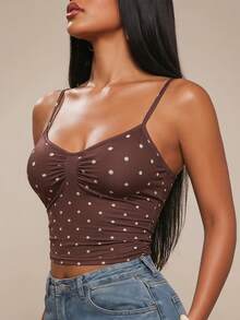 Radiana Women's Summer Distinctive Versatile All-Match Brown And White Polka Dot Polka Dot Polka Dot Polka Dot Polka Dot Fitted V-Neck Camisole, Suitable For Casual 1970s Vintage Cute Outings Date Night, Shopping, Gatherings, Vacations, Beaches Dates Parties Date, Music Festivals - Brown - View 9