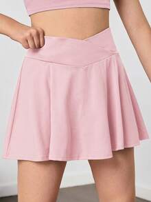 SHEIN Teen Girl Solid Color Knit Shorts With Anti-Flashing Pocket, V-Waist Casual Sports Skirt - Pink - View 3