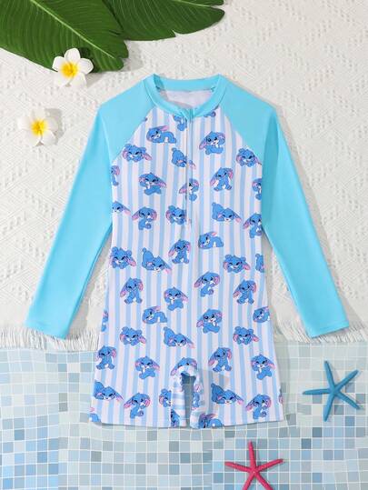 SHEIN Tween Girl Cartoon Print Raglan Sleeve One-Piece Swimsuit With Shorts