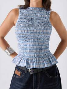 LYSMO Women's Pleated Striped Ruffle Hem Round Neck Camisole - Baby Blue - View 6