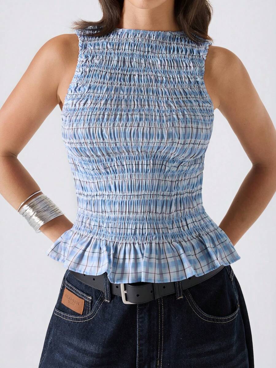 LYSMO Áo hai dây nữ xếp ly kẻ sọc, cổ tròn, viền bèo nhún. - Màu xanh nhạt - Xem 1
