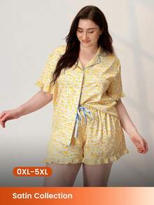 LUVLETTE Plus Size Women's Satin Yellow Printed Collared Button Short-Sleeved Top And Shorts Pajama Set Ruffled Collar & ShortSleeve Top Luxe Lounge Wear - Yellow - View 2