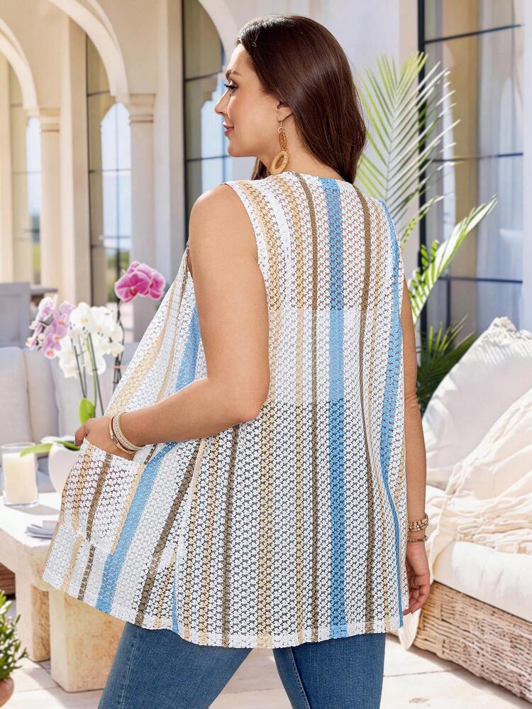 Plus Size Women's Summer Casual Vacation Country Colorblock Striped Pattern Sleeveless Casual Hollow Jacket With Pockets,Suitable For Summer Vacation,Casual Holiday Style,Summer Outfits For Women ,Vacation Outfits Women ,Holiday Outfits For Women,Going Out Outfits, New Clothes,Simple And Fashionable For Everyday Wear,Suitable For Summer, Vacation, Daily Wear, Festival Outfits For Women,Country Concert Outfit,Beach Outfits For Women,Western Style,,Gifts For Mother,Boho Coats,Lightweight Cardigan