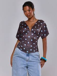 MUSERA Brown And Blue Polka Dot Batwing Cinched Waist Slouchy Top Spring Summer Vacation Holiday Ibiza Boho Sexy Elegant Casual Festival Night Out Everyday - Brown - View 1
