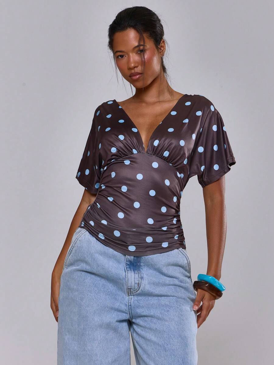 MUSERA Brown And Blue Polka Dot Batwing Cinched Waist Slouchy Top Spring Summer Vacation Holiday Ibiza Boho Sexy Elegant Casual Festival Night Out Everyday - Brown - View 1