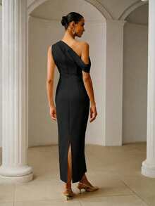 ZEYLAH Vestido largo elegante y ajustado con drapeado, primavera/verano - Negro - Ver 3