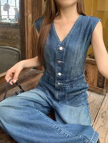 DAZY Bộ jumpsuit denim nữ cổ chữ V, cài một hàng cúc, kiểu dáng thường ngày, có túi. - Màu xanh lam - Xem 3