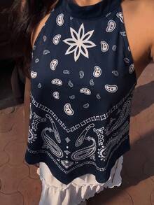 Firerie Women's Vacation Cashew Pattern Asymmetrical Hem Halter Top Beach Navy Blue Floral Summer Boho - Multicolor - View 3
