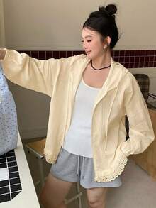 Dazy Plus Hooded Long Sleeve Loose Textured Fabric Lace Patchwork Casual Vacation Style Regular Jacket, Plus Size Women, Spring/Summer - Apricot - View 4