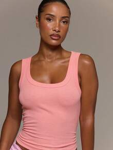 MUSERA ESSENTIALS Ribbed Scoop Neck Fitted Tank Vest Top Cute Everyday Basics Sexy Daily Spring Summer Essential - Coral Orange - View 2