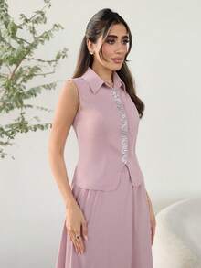 Modelyn Women's Rhinestone Embellished Top And Skirt Elegant 2 Pieces Set - Dusty Pink - View 5