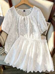GlowEve CURVE Plus Size Women's Summer White Boho Outfit,Embroidered Round-Neck Tie-Front Shirt And Shorts Two Pieces Set,Loose Holiday Tea Party Fashionable Set - White - View 3