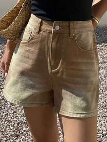 DAZY Shorts vaqueros de mujer de algodón lavado y vintage, adecuados para fiestas, playa, vacaciones y verano - Marrón - Ver 8